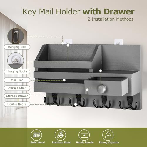 Key Holder Wall Mount, Wooden Adhesive Mail and Key Organizer with Drawer, Small Shelf, 8 Hooks, 2 Installation Methods, Gray - color: Gray