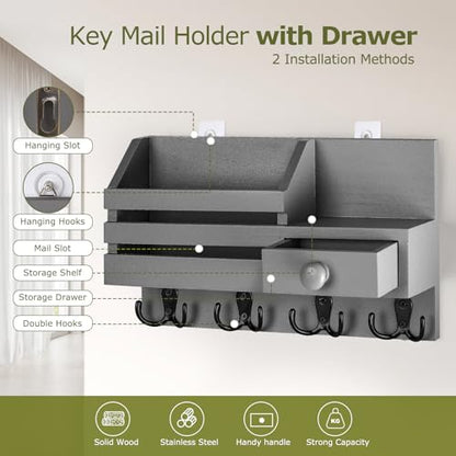 Key Holder Wall Mount, Wooden Adhesive Mail and Key Organizer with Drawer, Small Shelf, 8 Hooks, 2 Installation Methods, Gray - color: Gray