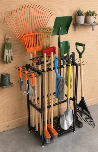 Faesun Garden Tool Organizer, 3-Tier Metal Yard Tool Rack with 14 Hooks & 5 Slots, Holds 50+ Rakes/Shovels/Brooms, Heavy Duty Freestanding Lawn Tool Storage for Garage Shed Outdoor Organization - size: Stand