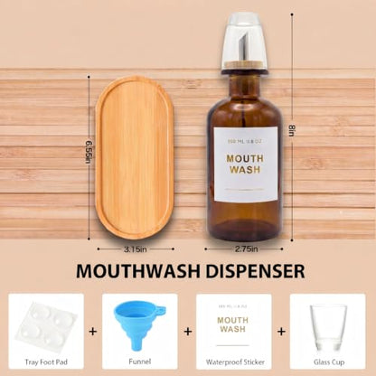 11.8OZ Glass Mouthwash Dispenser for Bathroom with Stainless Steel & Bamboo Nozzle, Mouthwash Cup Reusable, Bamboo Tray, and Elegant Gold Sticker.Set of 2（Amber - color: Amber/350*2
