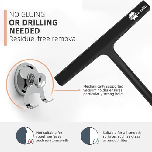 11 Inch Squared Shower Squeegee with Hook & Suction Cup, Stainless Steel Core Silicone Wiper, Streak-Free Cleaner for Glass Doors, Windows, Mirrors, Tile Walls & Car Cleaning (Black) - size: Square Headed-11 inch