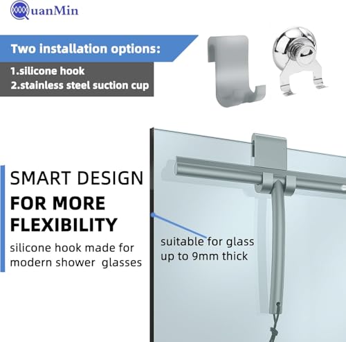 9 Inch Stainless Steel Core Silicone Shower Squeegee with Suction Cup & Hook Streak-Free Wiper for Glass Doors Shower Walls Mirrors Windows Bathroom Cleaning (Grey) - size: Round Head-9 inch（Grey）