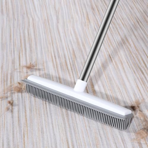 Rubber Cleaning Broom for Pet Hair Removal On Carpet Hardwood Floor, Silicone Squeegee Brush with Long Handle for Efficient Sweeping of Dog Cat, 30cm Wide Head