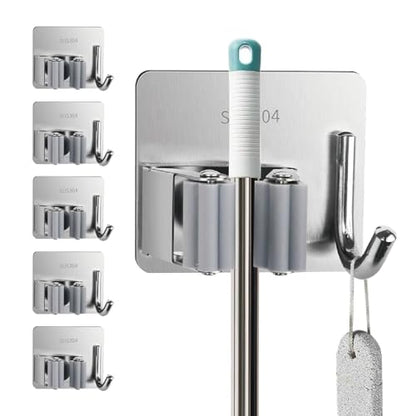 5 Pack Mop and Broom Holder Wall Mount, Silver Stainless Steel Mop and Broom Hanger with Hooks, Mop Broom Organizer for Closet Laundry Garage Garden Tool Organizer (Silver) - color: Silver