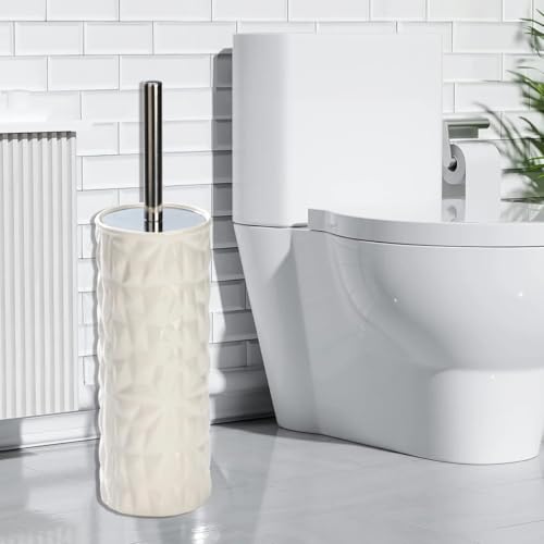 J&V TEXTILES Ceramic Toilet Brush, Toilet Bowl Brush with Extra Long Handle Durable Bristles Toilet Scrubber and Covered Holder for Toilet Brush Set for Bathroom Cleaning (Chrome/White) - color: Chrome/White