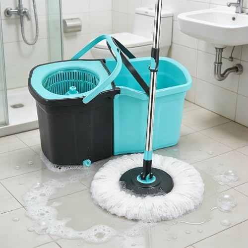 Spin Mop and Bucket System for Floor Cleaning - 360° Rotating Mop with Detachable Bucket - 2 Machine Washable Microfiber Heads - Stainless Steel Handle for Hardwood, Tile, and Laminate