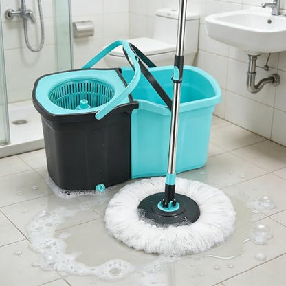 Spin Mop and Bucket System for Floor Cleaning - 360° Rotating Mop with Detachable Bucket - 2 Machine Washable Microfiber Heads - Stainless Steel Handle for Hardwood, Tile, and Laminate
