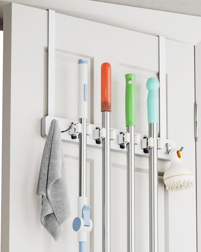 BS-VOG Over the Door Broom Holder, Mop and Broom Holder Door Mount, Hanging Organizer with 4 Racks & 2 Hooks, Wooden Hanger Storage Decor, Laundry Tool Organizer for Closet Garage, No Drills - color: White