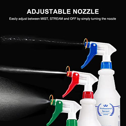 Uineko Plastic Spray Bottle (3 Pack, 24 Oz, 3 Colors) Heavy Duty All-Purpose Empty Spraying Leak Proof Mist Water Bottles for Cleaning Solutions Plants Essential Oils Hair Pet with Adjustable Nozzle - size: 24 Oz, 3 Pack