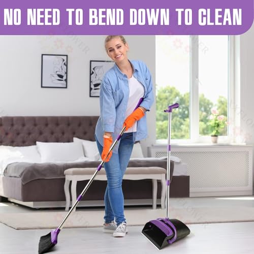 Broom and Dustpan Set with Long Handle, Light Weight Stainless Steel Poles Stand Upright Dustpans with Broom Combo for Home Kitchen Office Pet Dog Hair, 1-Pack (Purple) - color: Purple