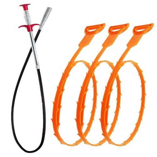 35.5inch Drain Auger Cleaner(1pcs), 25inch Drain Snake Hair Remover(3pcs), Hair Catcher Drain Clog Remover Tool Set For Kitchen Sink, Bathroom Tub, Sewer, Toilet