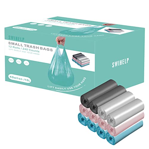 Small Trash Bags 240 Count Garbage Bags SWIHELP Waste Basket Liners for Bathroom, Kitchen,Bedroom, Office Pet Car 15 Liter Trash Can 4 Gallon - color: Handle Mix 240 counts-4Gal, size: 1 Count (Pack of 240)