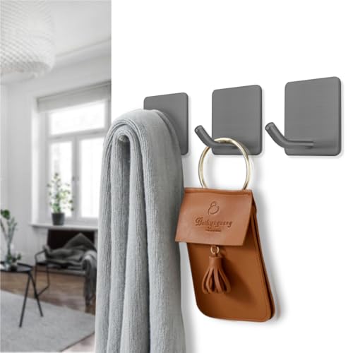 FOTYRIG Adhesive Towel Hooks Stick on Towel Hanger Wall Hooks Waterproof Stainless Steel Sticky Hooks for Hanging Bathroom Kitchen Home Grey -4 Packs - color: Gray