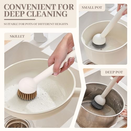 2 Pack Dish Brush with Adjustable Angle Handle, Dish Scrubber Kitchen Scrub Brush for Cleaning Dishes, Pots, Pans, Sink, Stiff Bristles Dishwashing Brush