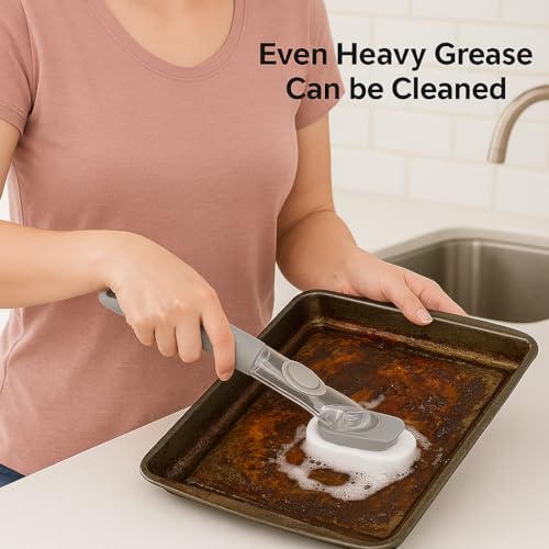 2-in-1 Soap Dispensing Dish Brush with Sponge Head – Easy Grip Kitchen Scrubber for Dishes, Pots, Pans & More – Includes Refill – by Dependable Industries Inc. Essentials
