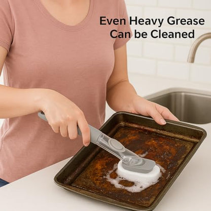 2-in-1 Soap Dispensing Dish Brush with Sponge Head – Easy Grip Kitchen Scrubber for Dishes, Pots, Pans & More – Includes Refill – by Dependable Industries Inc. Essentials