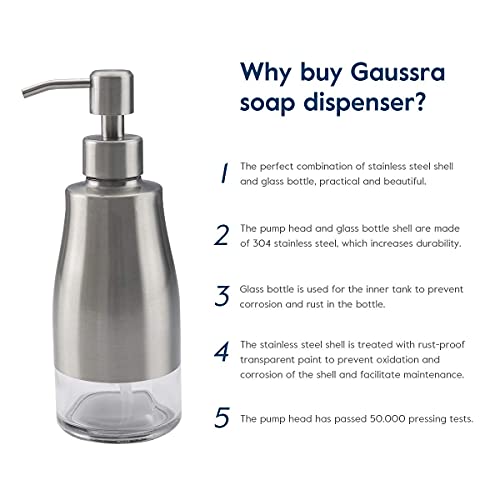 Gaussra Soap Dispenser with Coaster and Stickers, Brushed Nickel Stainless Steel Case Glass Liner Hand Pump Dispenser, Refillable Liquid Hand Soap Dispenser for Bathroom & Kitchen (11OZ / 320ML) - color: Brushed Nickel
