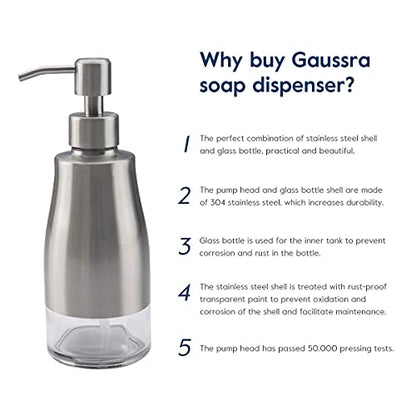 Gaussra Soap Dispenser with Coaster and Stickers, Brushed Nickel Stainless Steel Case Glass Liner Hand Pump Dispenser, Refillable Liquid Hand Soap Dispenser for Bathroom & Kitchen (11OZ / 320ML) - color: Brushed Nickel