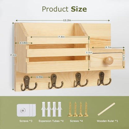 Key Holder Wall Mount, Wooden Adhesive Mail and Key Organizer with Drawer, Small Shelf, 8 Hooks, 2 Installation Methods, Natural - color: Natural