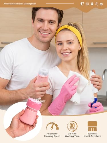 Pink Electric Spin Scrubber, Cordless Handheld Dish Scrubber Brush for Kitchen & Bathroom, Power Scrubber for Cleaning Sink, Grout, Shower, Aesthetic Pink Kitchen Accessories & Supplies