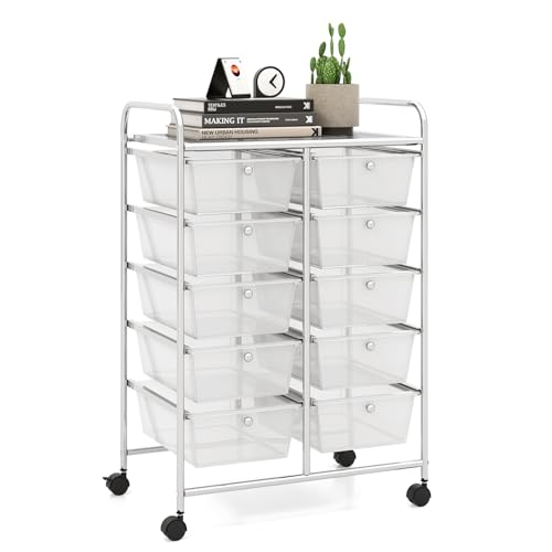 LDAILY 10 Drawer Rolling Cart, Storage Cart Organizer on Wheels, Drawer Cart with Metal Frame & Large Storage Capacity, Rolling Cart with Drawers for Living Room Classroom, Office - color: Clear, size: 10 Drawer