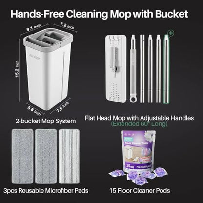 JOYMOOP Flat Mop System, Mop and Bucket Set, White, Commercial & Household Floor Cleaning Mop with Freesia Scent Cleaning Pods, Includes 3 Reusable Microfiber Pads and 15 Detergent Pods - color: White Litep1331