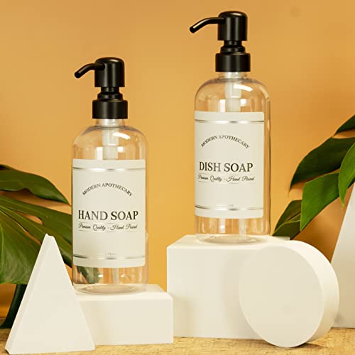 Clear Refillable Hand and Dish Soap Dispenser Set with Pumps for Kitchen Sink - PET Plastic Soap Bottles Refillable with Pump - Waterproof Labels - 16 oz, 2 Pack (Black Satin) - color: Black Satin Pumps