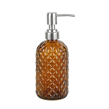 16 oz Diamond Pattern Glass Soap Dispenser, Kitchen and Bathroom Refillable Soap Dispenser with Rust Resistant Stainless Steel Pump for Hand Soap, Lotion Glass Liquid Dispenser(Amber) - color: Amber