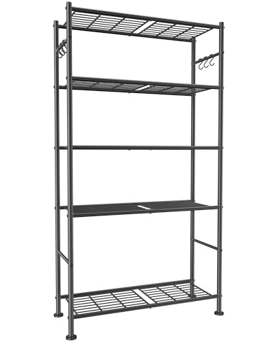Sakugi Storage Shelves - 5-Tier Large Capacity Shelf Organizer with Hooks, Heavy-Duty Garage Shelving with Leveling Feet, Wobble-Free Rack for Bedroom, Balcony, Garage, 32.1"×12.4"×71.4", Black - color: Black, size: 32.1W×12.4D×71.4H(5T)