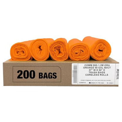 Ultrasac Heavy Duty 55 Gallon Orange Trash Bags - (Value 200 Pack) - 1.5 MIL equivalent Industrial Strength Plastic 37" x 54" for 50-55 Gal Cans -Fits Toter, Rubbermaid Brute, Carlislie Bronco etc. - color: Orange, style: 50-55 Gal, 1.5 Mil Equiv, 200 Cou