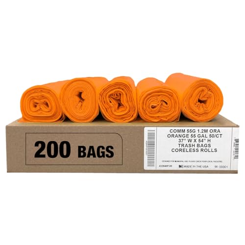 Ultrasac Heavy Duty 55 Gallon Orange Trash Bags - (Value 200 Pack) - 1.5 MIL equivalent Industrial Strength Plastic 37" x 54" for 50-55 Gal Cans -Fits Toter, Rubbermaid Brute, Carlislie Bronco etc. - color: Orange, style: 50-55 Gal, 1.5 Mil Equiv, 200 Cou