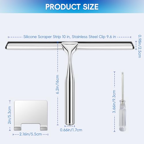 Shower Squeegee for Glass Doors,Stainless Steel Shower Door Squeegee,Windows, Mirrors, Car Windows, Tile Shower Walls, 10 Inch Silver,Durable Includes Shower Door Adhesive Hook