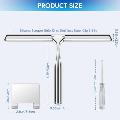 Shower Squeegee for Glass Doors,Stainless Steel Shower Door Squeegee,Windows, Mirrors, Car Windows, Tile Shower Walls, 10 Inch Silver,Durable Includes Shower Door Adhesive Hook