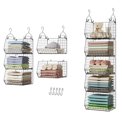 X-cosrack 5 Tier Closet Hanging Organizer, Clothes Hanging Shelves with 4 Hanging Hooks 5 S Hooks, Wire Storage Basket Bins, for Clothing Sweaters Shoes Handbags Clutches Accessories Patent Design - color: Black