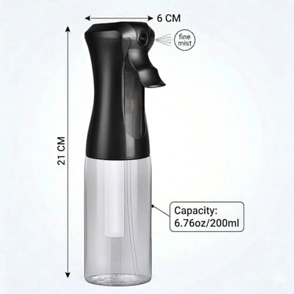 VIGOR PATH 200ml Continuous Mist Spray Bottle for Hair Plants and Skin Care | Ultra Fine Atomizer Leak Proof Ergonomic Construction 360 Refillable - size: 6.7oz - Black and Clear