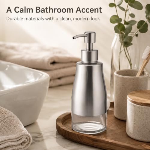Non-Slip Soap Dispenser with Brushed Nickel Stainless Steel Case, Glass Liner, and Hand Pump for Kitchen/Bathroom. Refillable Liquid Soap Dispenser, 11oz/320ml Capacity. - color: Brushed Nickel, size: 300ml
