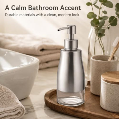 Non-Slip Soap Dispenser with Brushed Nickel Stainless Steel Case, Glass Liner, and Hand Pump for Kitchen/Bathroom. Refillable Liquid Soap Dispenser, 11oz/320ml Capacity. - color: Brushed Nickel, size: 300ml