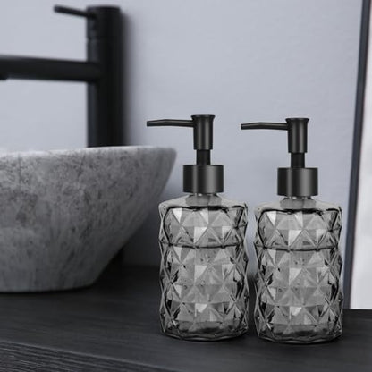 11oz Glass Soap Dispenser with Plastic Pump, Clear Black Bathroom Soap Dispenser for Hand Wash & Dish Wash, Elegant Dispenser for Dishwashing Liquid, Lotion, Shower Gel, Essential Oil - color: Diamond Black
