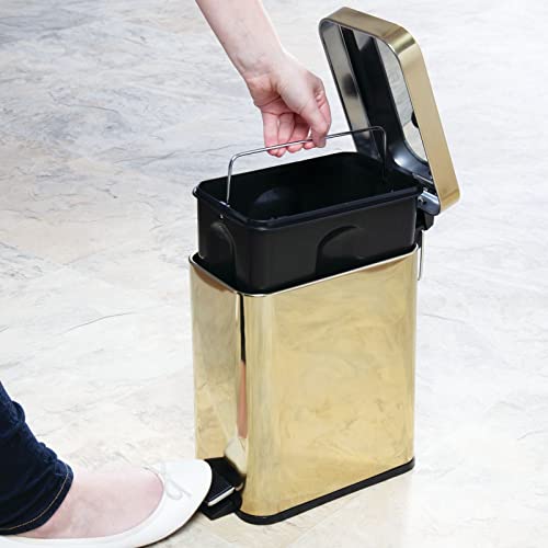 mDesign Small Modern 1.3 Gallon Rectangle Metal Lidded Step Trash Can, Compact Garbage Bin with Removable Liner Bucket and Handle for Bathroom, Kitchen, Craft Room, Office, Garage - Soft Brass - color: Soft Brass, size: 1.3 Gallon