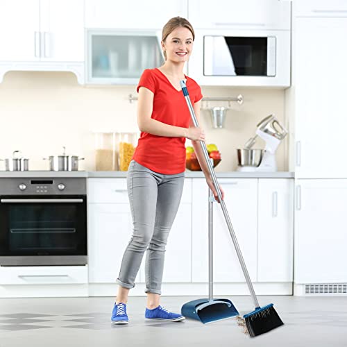 Standing Dustpan and Broom Set with 52" Long Extendable Handle for Home, Indoor, Kitchen Room Office Lobby Floor Cleaning - color: Navy Blue
