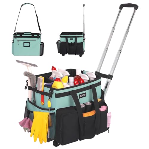 JKAOO Large Rolling Cleaning Caddy Bag with Detachable Trolley, Blue-Green | Waterproof Cleaning Caddy with Wheels, 40L Wheeled Organizer Cart for Supplies, Housekeepers, Home, Office, Car, Picnic - color: Blue Green