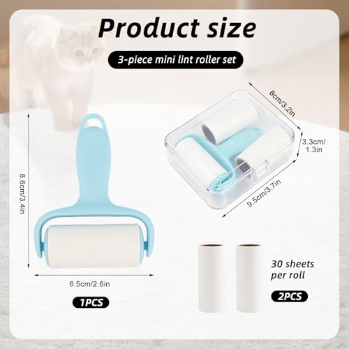 Blue Mini Lint Roller Travel Size,Reusable Lint Brush,Dog Cat Hair Remover with Ergonomic Handle and 3 Refills (90 Sheets) - color: Blue