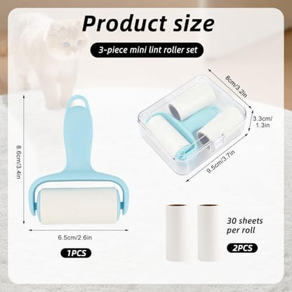Blue Mini Lint Roller Travel Size,Reusable Lint Brush,Dog Cat Hair Remover with Ergonomic Handle and 3 Refills (90 Sheets) - color: Blue