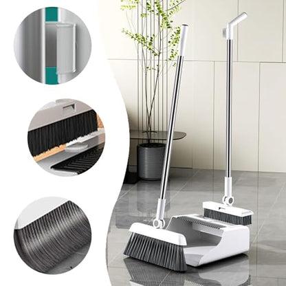 3-in-1 Broom and Dustpan Set - Stainless Steel Handle Floor Cleaning Kit for Home & Office, Space-Saving Storage Design - color: White