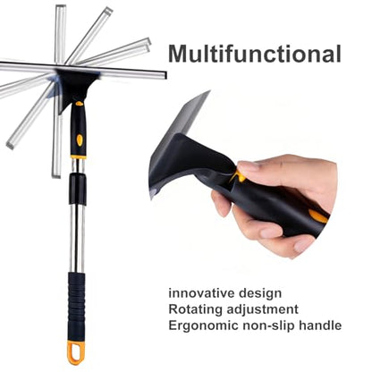 14" Window Cleaning Tool, All-Purpose Extendable Window Squeegee with 2 Blades and Stainless Steel Pole, Shower Squeegee for Glass Doors,Shower Doors, Windows, Bathroom and Car Windshields