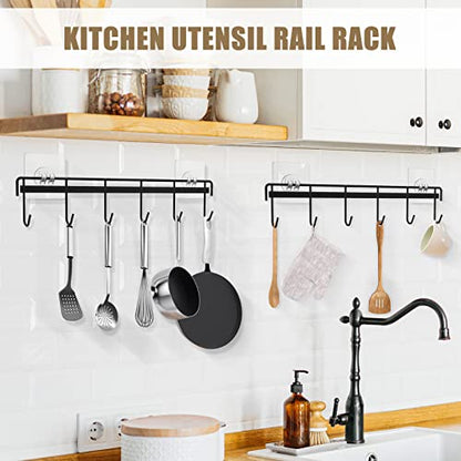 Kitchen Utensil Hanger, Adhesive Utensil Holder Wall Mount Kitchen Rack Rail with 12 Hooks, Space Saving and No Drilling, Black, 2 Pcs - color: Black