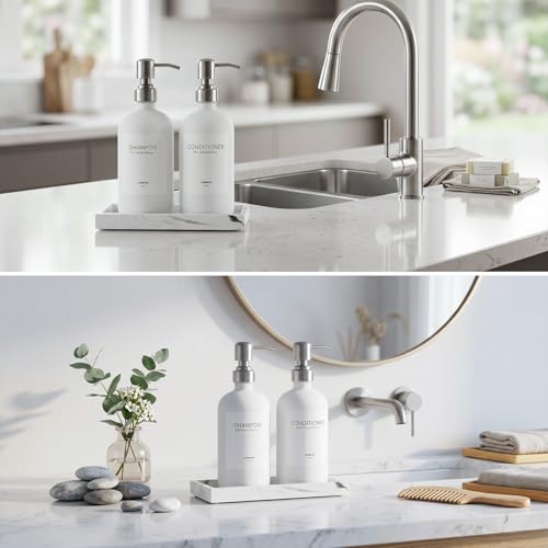 White Glass Dish Soap Dispenser Set for Kitchen, Hand and Dish Soap Dispenser with Stainless Steel Pump & Resin Tray, Perfect for Kitchen,Hotel Rental-Modern Soap Dispenser for Bathroom - color: Matte White