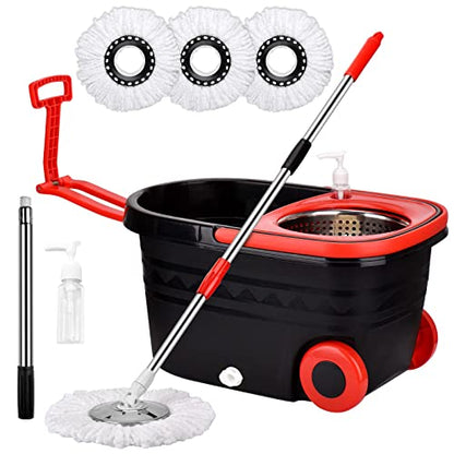 Spin Mop and Bucket with Wringer Set on Wheels, 360 Spinning Mop with Stainless Steel Handle for All Hard Surfaces, Floor Cleaning System with 3 Microfiber Replacement Heads, Black/Red - color: Black/Red