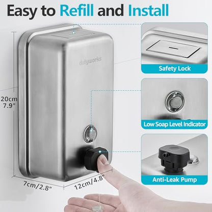 Commercial Soap Dispenser Wall Mount, 1100ML Stainless Steel Wall Mount Soap Dispenser, Leak-Proof Manual Pump for Bathroom Kitchen Office, Silver - size: 37.19 fl.oz./ 1100ml