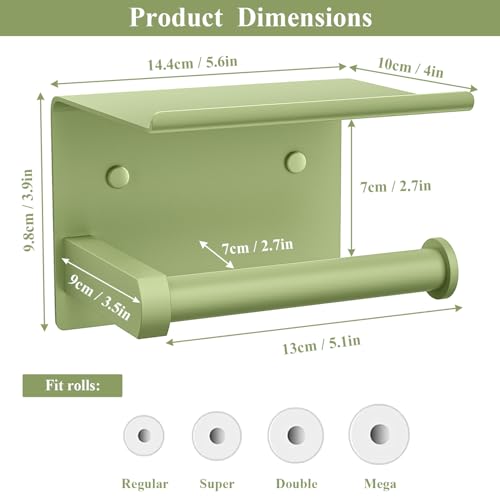 Tindbea Toilet Paper Holder with Shelf Adhesive or Screw Wall Mounted Toilet Paper Roll Dispenser Storage, Stainless Steel Bathroom Shelf Holder Accessories (Soft Sage Green) - color: L-soft Sage Green